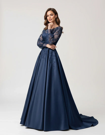 Satin Lace Appliqué Long Sleeve Illusion Neckline A-Line Maxi Dress for Party, Cocktail, Evening, Wedding Guest & Summer Even | SKU: VMD-583921746182305-NAVY-L,VMD-583921746182305-NAVY-M,VMD-583921746182305-NAVY-S,VMD-583921746182305-NAVY-XL,VMD-583921746182305-NAVY-XS