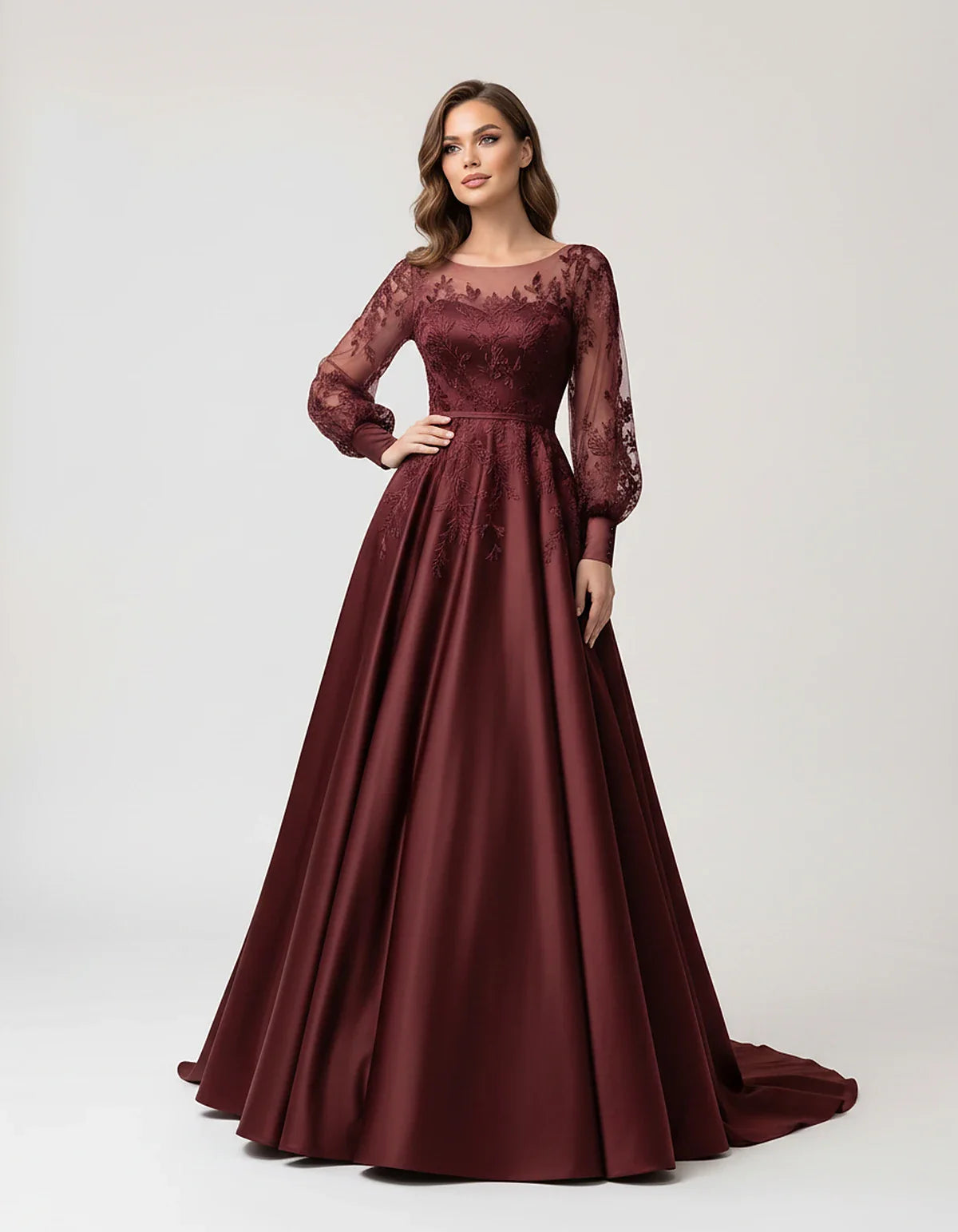 Satin Lace Appliqué Long Sleeve Illusion Neckline A-Line Maxi Dress for Party, Cocktail, Evening, Wedding Guest & Summer Even | SKU: VMD-583921746182305-BURGUNDY-L,VMD-583921746182305-BURGUNDY-M,VMD-583921746182305-BURGUNDY-S,VMD-583921746182305-BURGUNDY-XL,VMD-583921746182305-BURGUNDY-XS