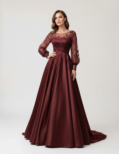 Satin Lace Appliqué Long Sleeve Illusion Neckline A-Line Maxi Dress for Party, Cocktail, Evening, Wedding Guest & Summer Even | SKU: VMD-583921746182305-BURGUNDY-L,VMD-583921746182305-BURGUNDY-M,VMD-583921746182305-BURGUNDY-S,VMD-583921746182305-BURGUNDY-XL,VMD-583921746182305-BURGUNDY-XS