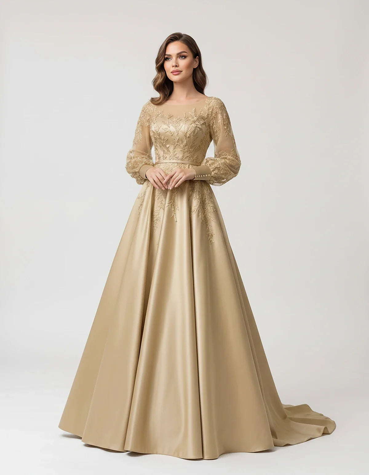 Satin Lace Appliqué Long Sleeve Illusion Neckline A-Line Maxi Dress for Party, Cocktail, Evening, Wedding Guest & Summer Even | SKU: VMD-583921746182305-CHAMPAGNE-L,VMD-583921746182305-CHAMPAGNE-M,VMD-583921746182305-CHAMPAGNE-S,VMD-583921746182305-CHAMPAGNE-XL,VMD-583921746182305-CHAMPAGNE-XS