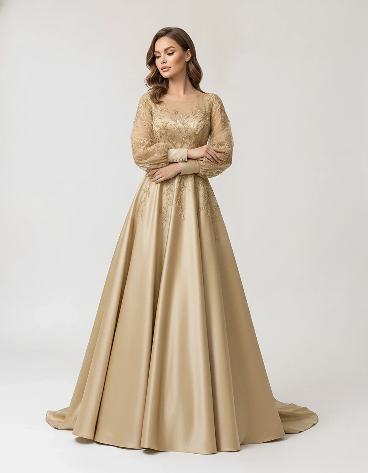 Satin Lace Appliqué Long Sleeve Illusion Neckline A-Line Maxi Dress for Party, Cocktail, Evening, Wedding Guest & Summer Even | SKU: VMD-583921746182305-CHAMPAGNE-L,VMD-583921746182305-CHAMPAGNE-M,VMD-583921746182305-CHAMPAGNE-S,VMD-583921746182305-CHAMPAGNE-XL,VMD-583921746182305-CHAMPAGNE-XS