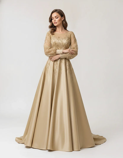 Satin Lace Appliqué Long Sleeve Illusion Neckline A-Line Maxi Dress for Party, Cocktail, Evening, Wedding Guest & Summer Even | SKU: VMD-583921746182305-CHAMPAGNE-L,VMD-583921746182305-CHAMPAGNE-M,VMD-583921746182305-CHAMPAGNE-S,VMD-583921746182305-CHAMPAGNE-XL,VMD-583921746182305-CHAMPAGNE-XS