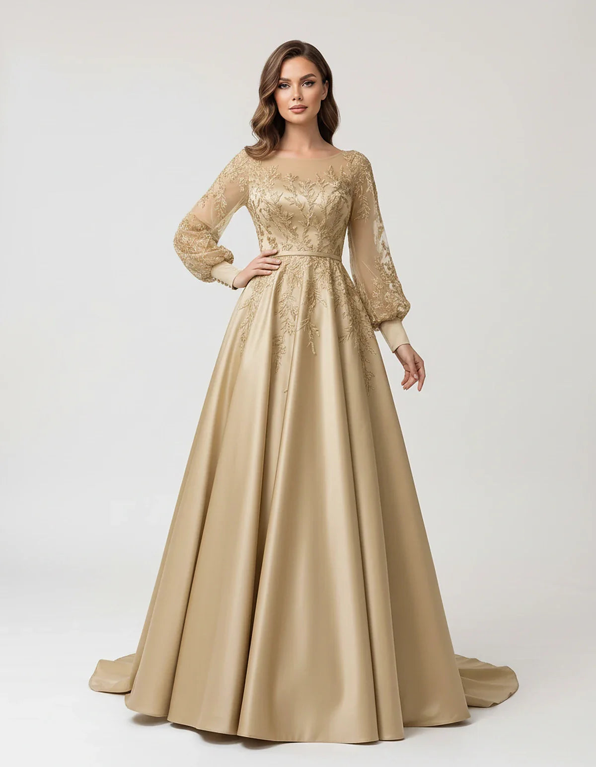 Satin Lace Appliqué Long Sleeve Illusion Neckline A-Line Maxi Dress for Party, Cocktail, Evening, Wedding Guest & Summer Even | SKU: VMD-583921746182305-CHAMPAGNE-L,VMD-583921746182305-CHAMPAGNE-M,VMD-583921746182305-CHAMPAGNE-S,VMD-583921746182305-CHAMPAGNE-XL,VMD-583921746182305-CHAMPAGNE-XS