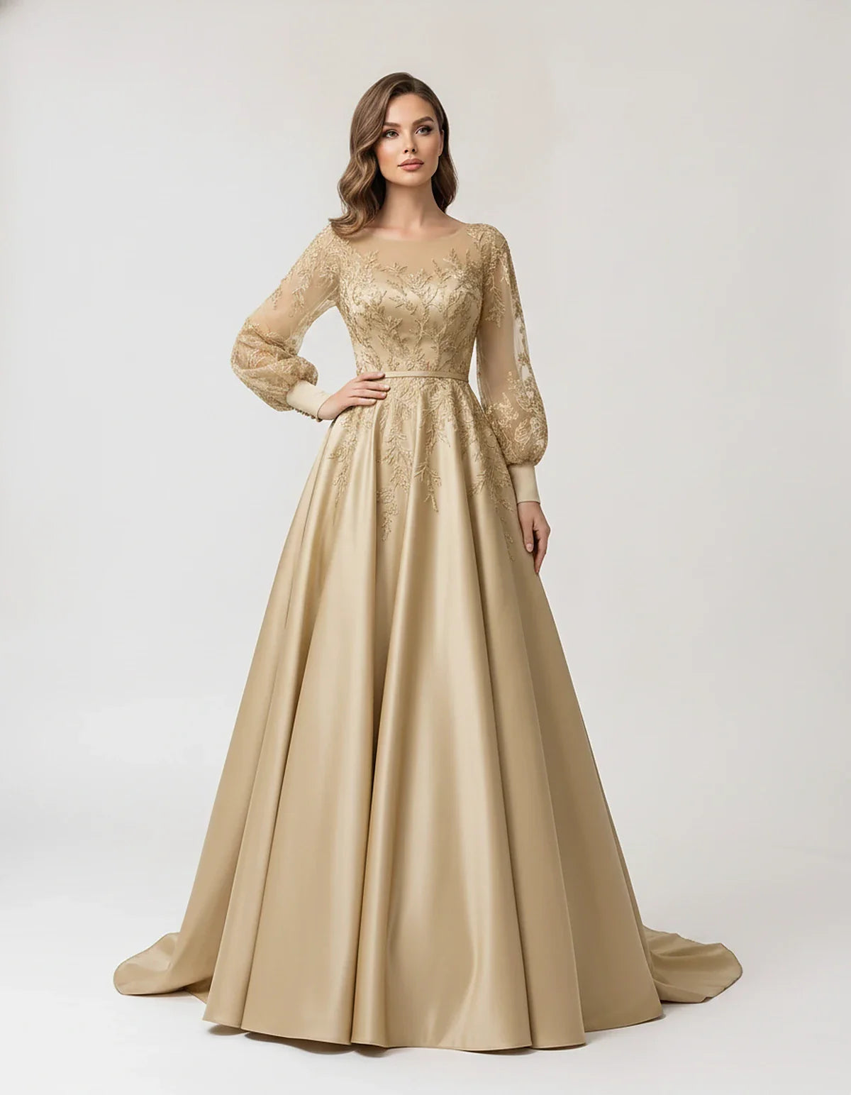 Satin Lace Appliqué Long Sleeve Illusion Neckline A-Line Maxi Dress for Party, Cocktail, Evening, Wedding Guest & Summer Even | SKU: VMD-583921746182305-CHAMPAGNE-L,VMD-583921746182305-CHAMPAGNE-M,VMD-583921746182305-CHAMPAGNE-S,VMD-583921746182305-CHAMPAGNE-XL,VMD-583921746182305-CHAMPAGNE-XS