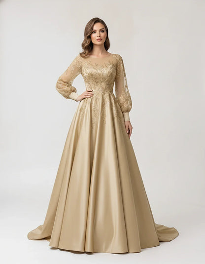 Satin Lace Appliqué Long Sleeve Illusion Neckline A-Line Maxi Dress for Party, Cocktail, Evening, Wedding Guest & Summer Even | SKU: VMD-583921746182305-CHAMPAGNE-L,VMD-583921746182305-CHAMPAGNE-M,VMD-583921746182305-CHAMPAGNE-S,VMD-583921746182305-CHAMPAGNE-XL,VMD-583921746182305-CHAMPAGNE-XS