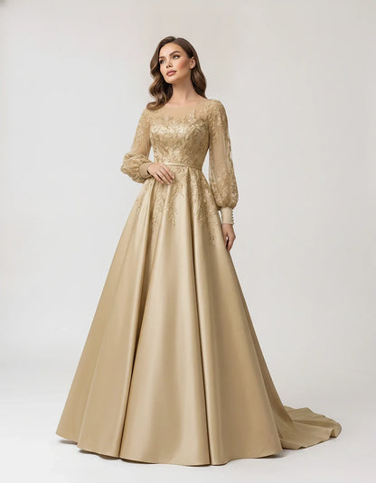 Satin Lace Appliqué Long Sleeve Illusion Neckline A-Line Maxi Dress for Party, Cocktail, Evening, Wedding Guest & Summer Even | SKU: VMD-583921746182305-CHAMPAGNE-L,VMD-583921746182305-CHAMPAGNE-M,VMD-583921746182305-CHAMPAGNE-S,VMD-583921746182305-CHAMPAGNE-XL,VMD-583921746182305-CHAMPAGNE-XS