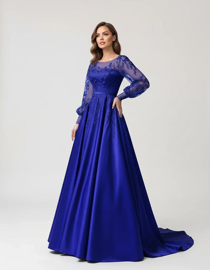 Satin Lace Appliqué Long Sleeve Illusion Neckline A-Line Maxi Dress for Party, Cocktail, Evening, Wedding Guest & Summer Even | SKU: VMD-583921746182305-ROYALBLUE-L,VMD-583921746182305-ROYALBLUE-M,VMD-583921746182305-ROYALBLUE-S,VMD-583921746182305-ROYALBLUE-XL,VMD-583921746182305-ROYALBLUE-XS