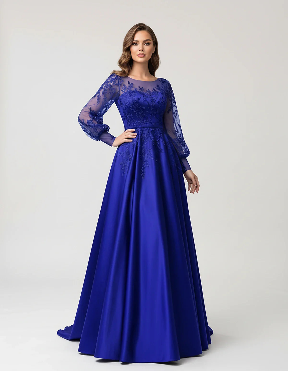 Satin Lace Appliqué Long Sleeve Illusion Neckline A-Line Maxi Dress for Party, Cocktail, Evening, Wedding Guest & Summer Even | SKU: VMD-583921746182305-ROYALBLUE-L,VMD-583921746182305-ROYALBLUE-M,VMD-583921746182305-ROYALBLUE-S,VMD-583921746182305-ROYALBLUE-XL,VMD-583921746182305-ROYALBLUE-XS
