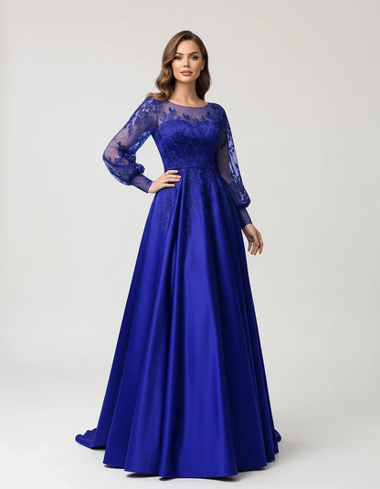Satin Lace Appliqué Long Sleeve Illusion Neckline A-Line Maxi Dress for Party, Cocktail, Evening, Wedding Guest & Summer Even | SKU: VMD-583921746182305-ROYALBLUE-L,VMD-583921746182305-ROYALBLUE-M,VMD-583921746182305-ROYALBLUE-S,VMD-583921746182305-ROYALBLUE-XL,VMD-583921746182305-ROYALBLUE-XS