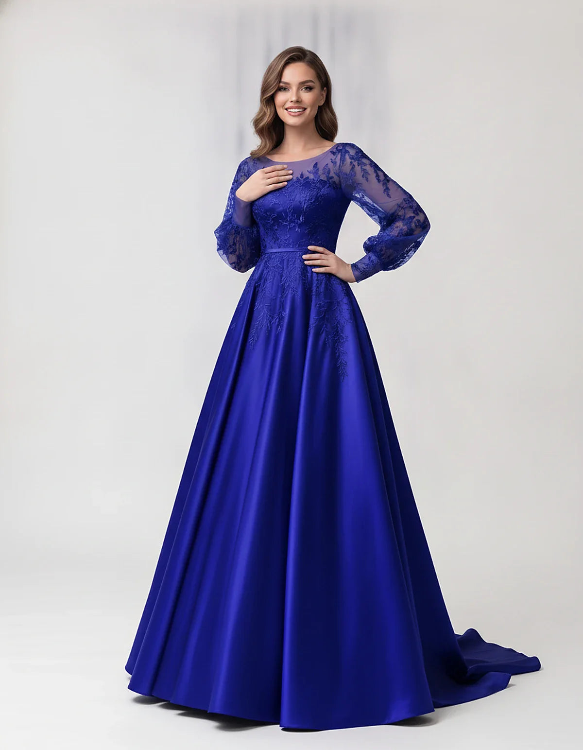 Satin Lace Appliqué Long Sleeve Illusion Neckline A-Line Maxi Dress for Party, Cocktail, Evening, Wedding Guest & Summer Even | SKU: VMD-583921746182305-ROYALBLUE-L,VMD-583921746182305-ROYALBLUE-M,VMD-583921746182305-ROYALBLUE-S,VMD-583921746182305-ROYALBLUE-XL,VMD-583921746182305-ROYALBLUE-XS