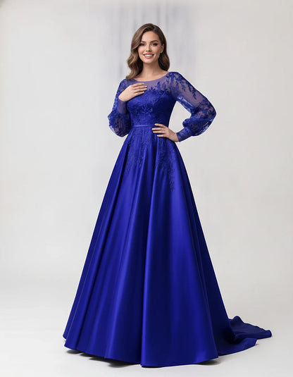 Satin Lace Appliqué Long Sleeve Illusion Neckline A-Line Maxi Dress for Party, Cocktail, Evening, Wedding Guest & Summer Even | SKU: VMD-583921746182305-ROYALBLUE-L,VMD-583921746182305-ROYALBLUE-M,VMD-583921746182305-ROYALBLUE-S,VMD-583921746182305-ROYALBLUE-XL,VMD-583921746182305-ROYALBLUE-XS