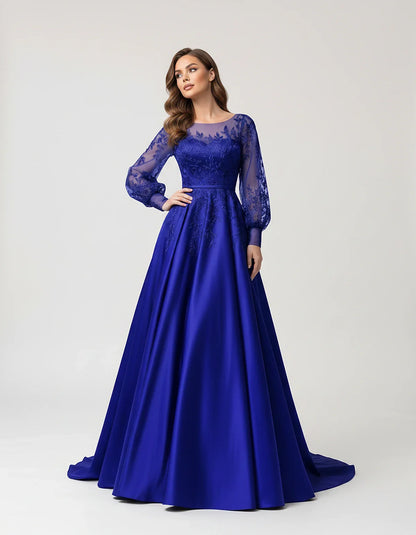 Satin Lace Appliqué Long Sleeve Illusion Neckline A-Line Maxi Dress for Party, Cocktail, Evening, Wedding Guest & Summer Even | SKU: VMD-583921746182305-ROYALBLUE-L,VMD-583921746182305-ROYALBLUE-M,VMD-583921746182305-ROYALBLUE-S,VMD-583921746182305-ROYALBLUE-XL,VMD-583921746182305-ROYALBLUE-XS