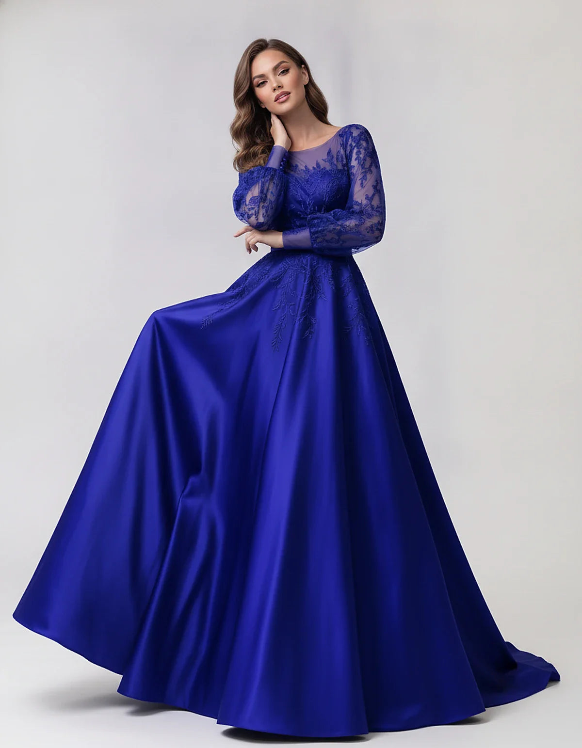 Satin Lace Appliqué Long Sleeve Illusion Neckline A-Line Maxi Dress for Party, Cocktail, Evening, Wedding Guest & Summer Even | SKU: VMD-583921746182305-ROYALBLUE-L,VMD-583921746182305-ROYALBLUE-M,VMD-583921746182305-ROYALBLUE-S,VMD-583921746182305-ROYALBLUE-XL,VMD-583921746182305-ROYALBLUE-XS