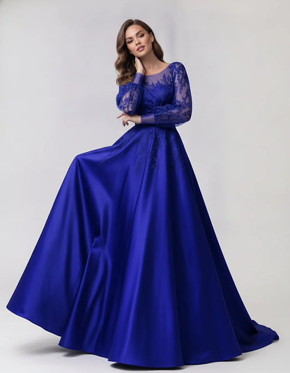 Satin Lace Appliqué Long Sleeve Illusion Neckline A-Line Maxi Dress for Party, Cocktail, Evening, Wedding Guest & Summer Even | SKU: VMD-583921746182305-ROYALBLUE-L,VMD-583921746182305-ROYALBLUE-M,VMD-583921746182305-ROYALBLUE-S,VMD-583921746182305-ROYALBLUE-XL,VMD-583921746182305-ROYALBLUE-XS