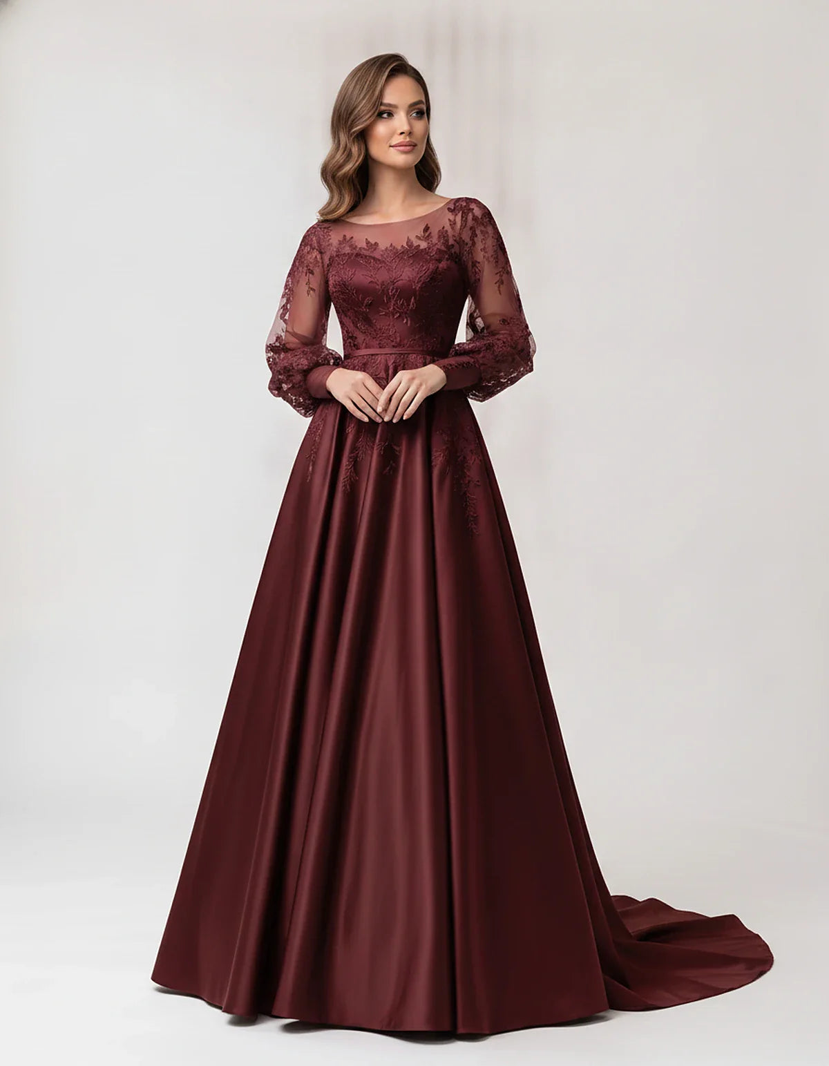 Satin Lace Appliqué Long Sleeve Illusion Neckline A-Line Maxi Dress for Party, Cocktail, Evening, Wedding Guest & Summer Even | SKU: VMD-583921746182305-BURGUNDY-L,VMD-583921746182305-BURGUNDY-M,VMD-583921746182305-BURGUNDY-S,VMD-583921746182305-BURGUNDY-XL,VMD-583921746182305-BURGUNDY-XS