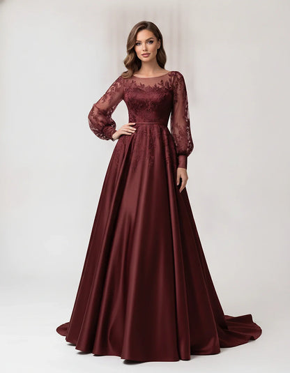 Satin Lace Appliqué Long Sleeve Illusion Neckline A-Line Maxi Dress for Party, Cocktail, Evening, Wedding Guest & Summer Even | SKU: VMD-583921746182305-BURGUNDY-L,VMD-583921746182305-BURGUNDY-M,VMD-583921746182305-BURGUNDY-S,VMD-583921746182305-BURGUNDY-XL,VMD-583921746182305-BURGUNDY-XS