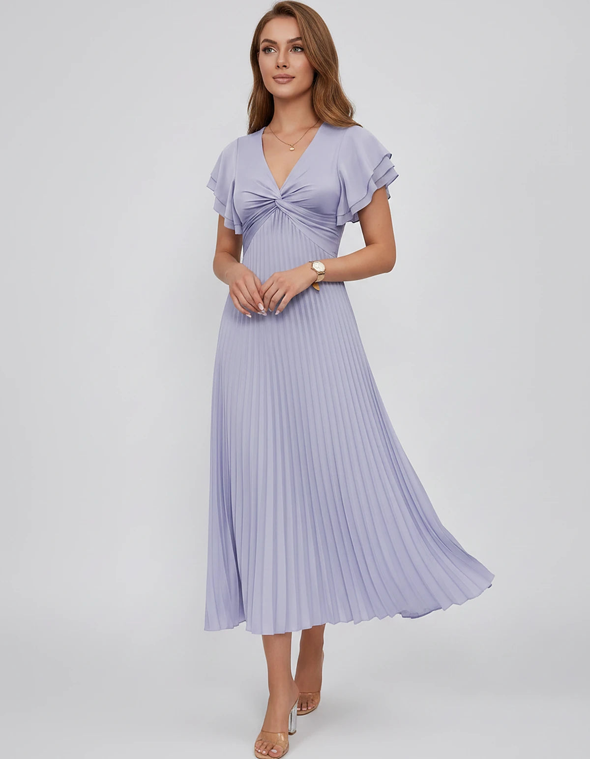 Chiffon Blend Flutter Sleeve V-Neck A-Line Midi Dress for Party, Cocktail, Evening Events, Wedding Guest & Summer Occasions, 