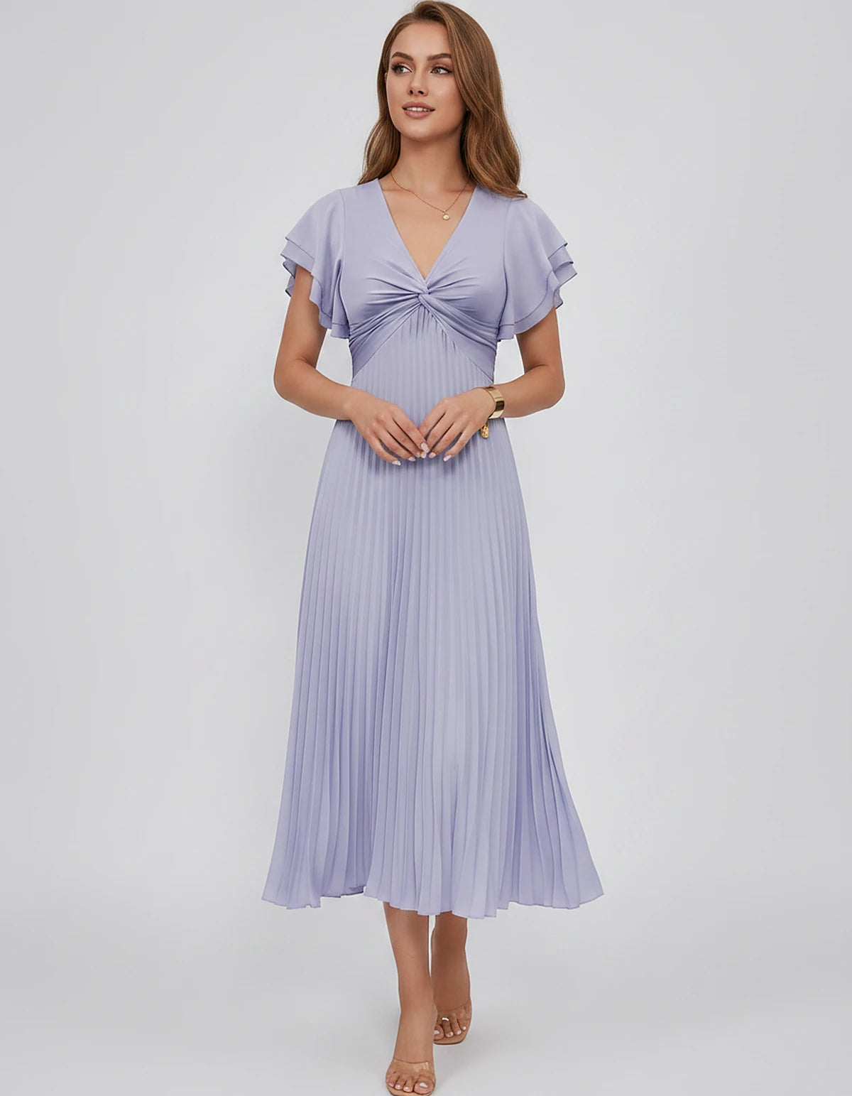 Chiffon Blend Flutter Sleeve V-Neck A-Line Midi Dress for Party, Cocktail, Evening Events, Wedding Guest & Summer Occasions, 
