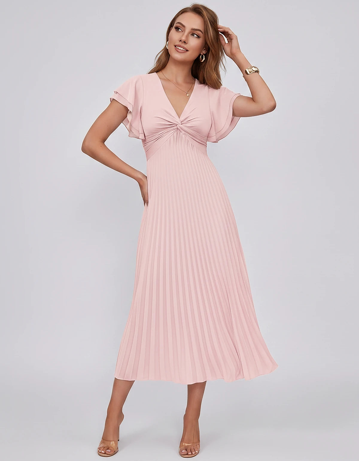 Chiffon Blend Flutter Sleeve V-Neck A-Line Midi Dress for Party, Cocktail, Evening Events, Wedding Guest & Summer Occasions, 