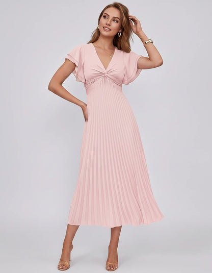 Chiffon Blend Flutter Sleeve V-Neck A-Line Midi Dress for Party, Cocktail, Evening Events, Wedding Guest & Summer Occasions, 