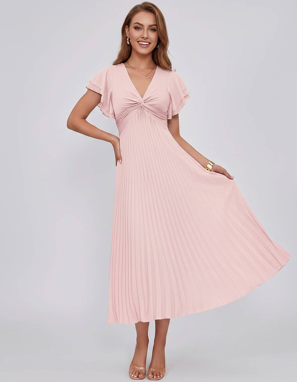 Chiffon Blend Flutter Sleeve V-Neck A-Line Midi Dress for Party, Cocktail, Evening Events, Wedding Guest & Summer Occasions, 