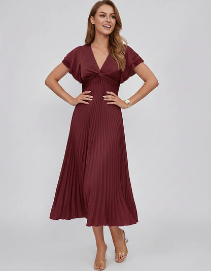 Chiffon Blend Flutter Sleeve V-Neck A-Line Midi Dress for Party, Cocktail, Evening Events, Wedding Guest & Summer Occasions, 