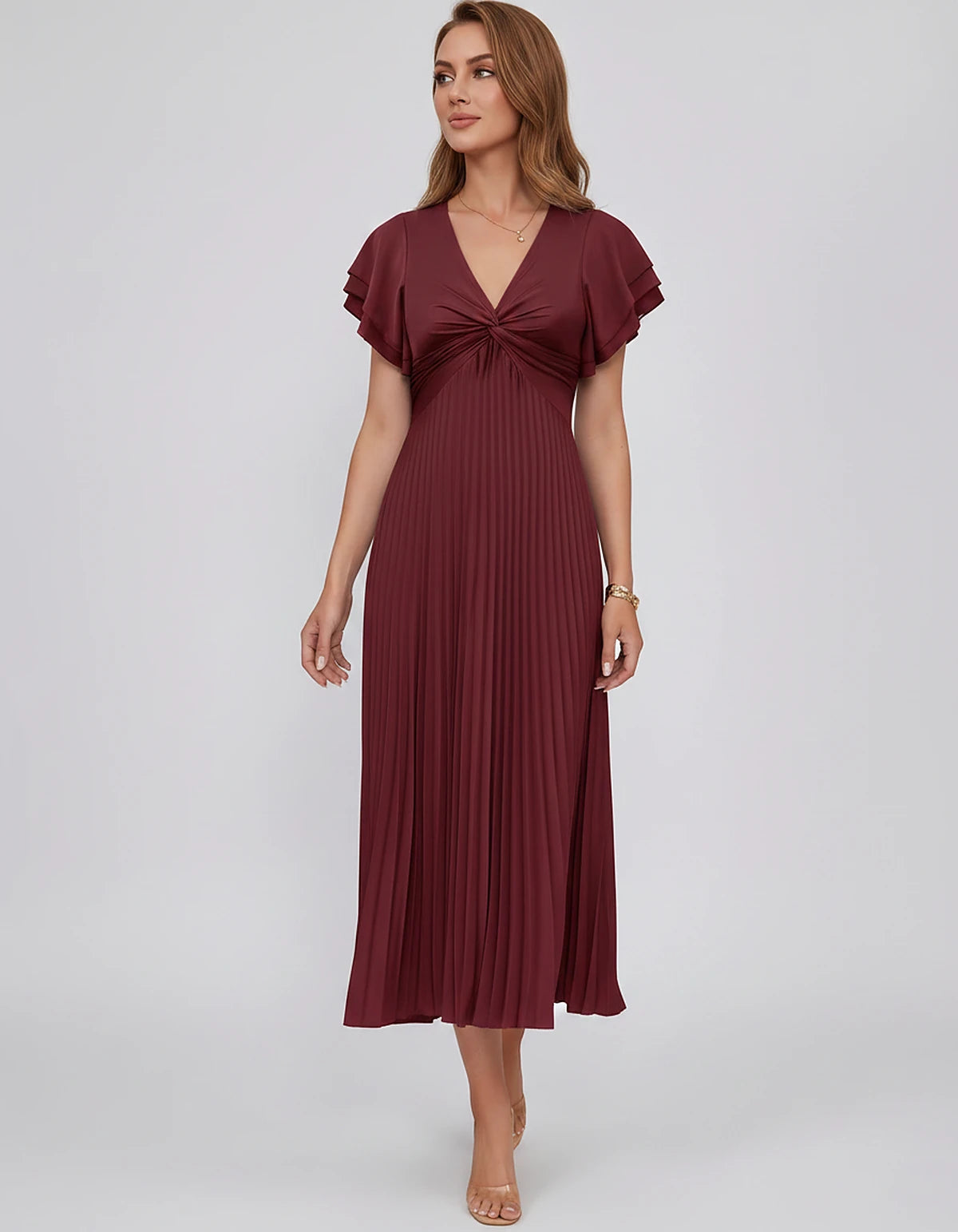 Chiffon Blend Flutter Sleeve V-Neck A-Line Midi Dress for Party, Cocktail, Evening Events, Wedding Guest & Summer Occasions, 