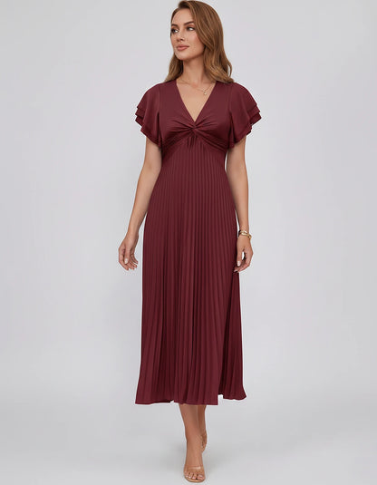 Chiffon Blend Flutter Sleeve V-Neck A-Line Midi Dress for Party, Cocktail, Evening Events, Wedding Guest & Summer Occasions, 