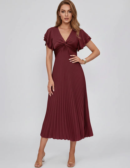 Chiffon Blend Flutter Sleeve V-Neck A-Line Midi Dress for Party, Cocktail, Evening Events, Wedding Guest & Summer Occasions, 