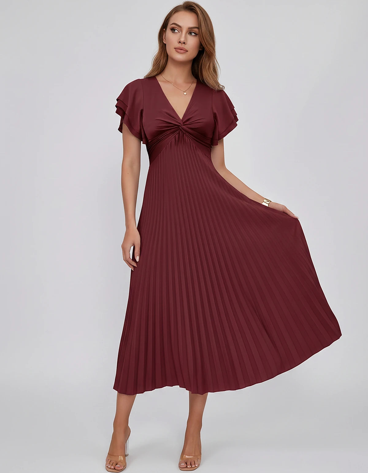 Chiffon Blend Flutter Sleeve V-Neck A-Line Midi Dress for Party, Cocktail, Evening Events, Wedding Guest & Summer Occasions, 