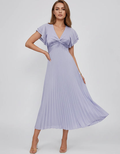 Chiffon Blend Flutter Sleeve V-Neck A-Line Midi Dress for Party, Cocktail, Evening Events, Wedding Guest & Summer Occasions, 