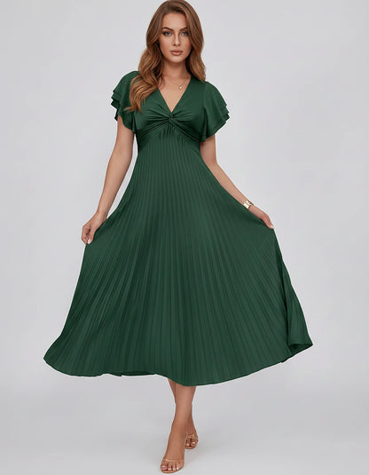 Chiffon Blend Flutter Sleeve V-Neck A-Line Midi Dress for Party, Cocktail, Evening Events, Wedding Guest & Summer Occasions, 