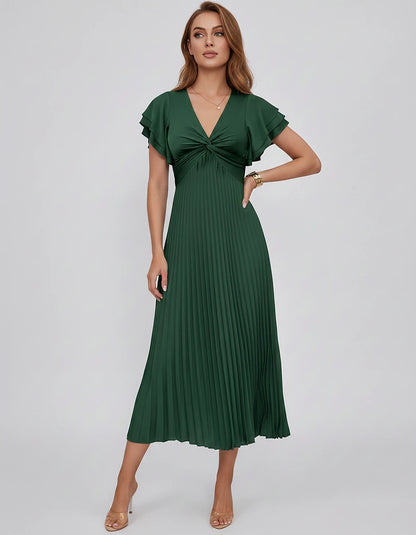 Chiffon Blend Flutter Sleeve V-Neck A-Line Midi Dress for Party, Cocktail, Evening Events, Wedding Guest & Summer Occasions, 