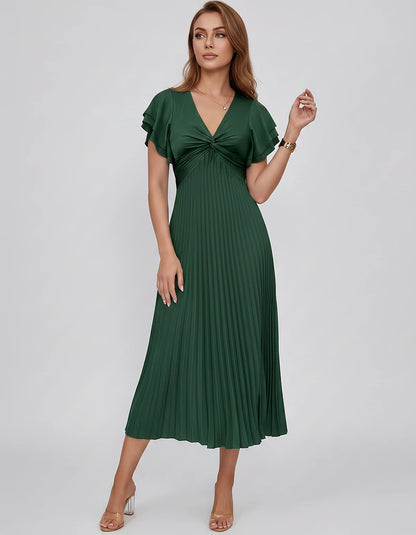 Chiffon Blend Flutter Sleeve V-Neck A-Line Midi Dress for Party, Cocktail, Evening Events, Wedding Guest & Summer Occasions, 