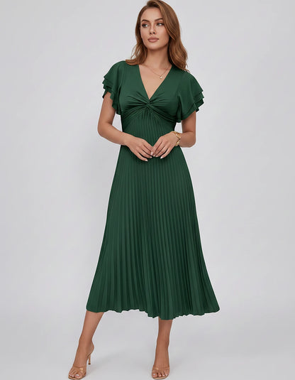 Chiffon Blend Flutter Sleeve V-Neck A-Line Midi Dress for Party, Cocktail, Evening Events, Wedding Guest & Summer Occasions, 