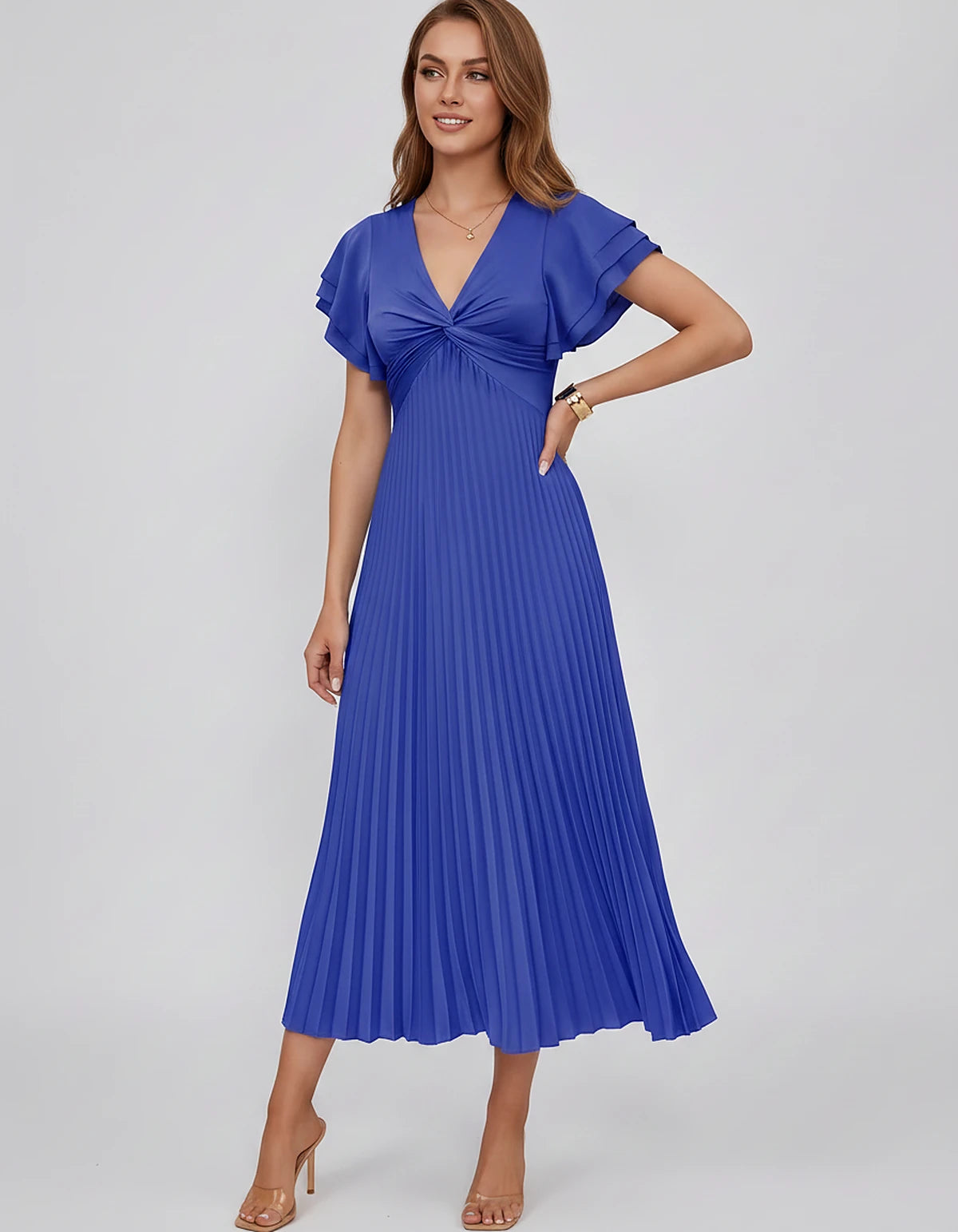Chiffon Blend Flutter Sleeve V-Neck A-Line Midi Dress for Party, Cocktail, Evening Events, Wedding Guest & Summer Occasions, 