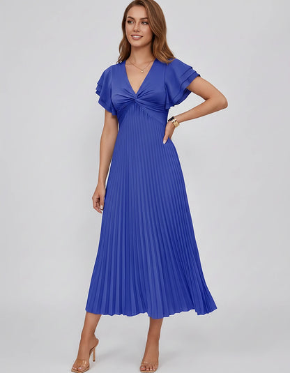 Chiffon Blend Flutter Sleeve V-Neck A-Line Midi Dress for Party, Cocktail, Evening Events, Wedding Guest & Summer Occasions, 