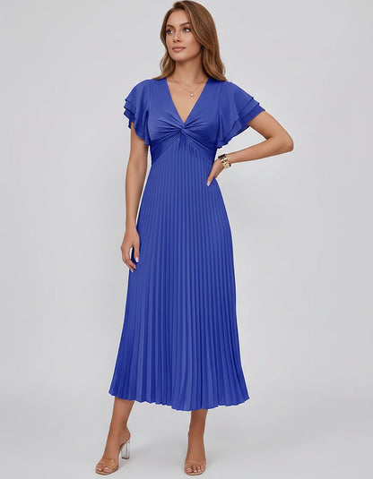 Chiffon Blend Flutter Sleeve V-Neck A-Line Midi Dress for Party, Cocktail, Evening Events, Wedding Guest & Summer Occasions, 