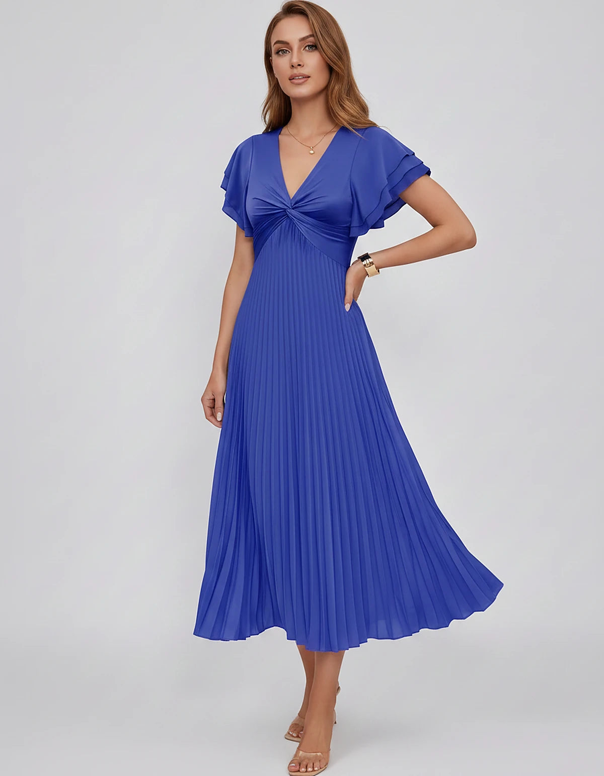 Chiffon Blend Flutter Sleeve V-Neck A-Line Midi Dress for Party, Cocktail, Evening Events, Wedding Guest & Summer Occasions, 