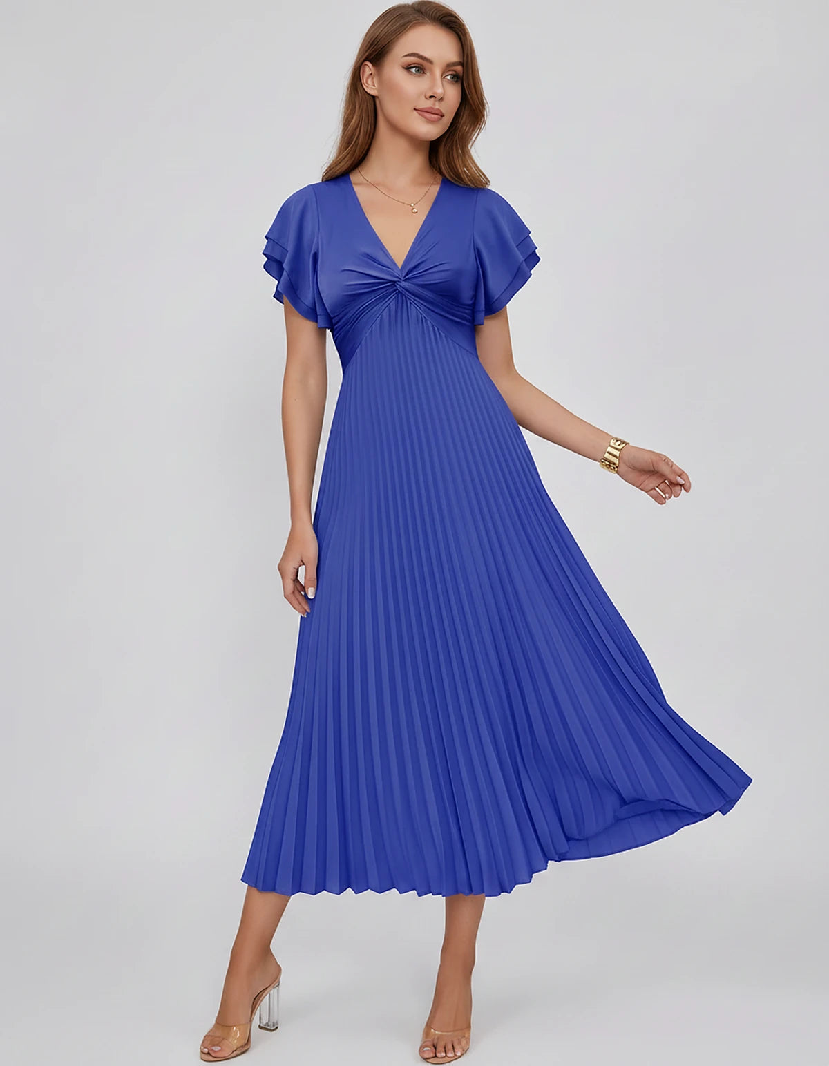 Chiffon Blend Flutter Sleeve V-Neck A-Line Midi Dress for Party, Cocktail, Evening Events, Wedding Guest & Summer Occasions, 