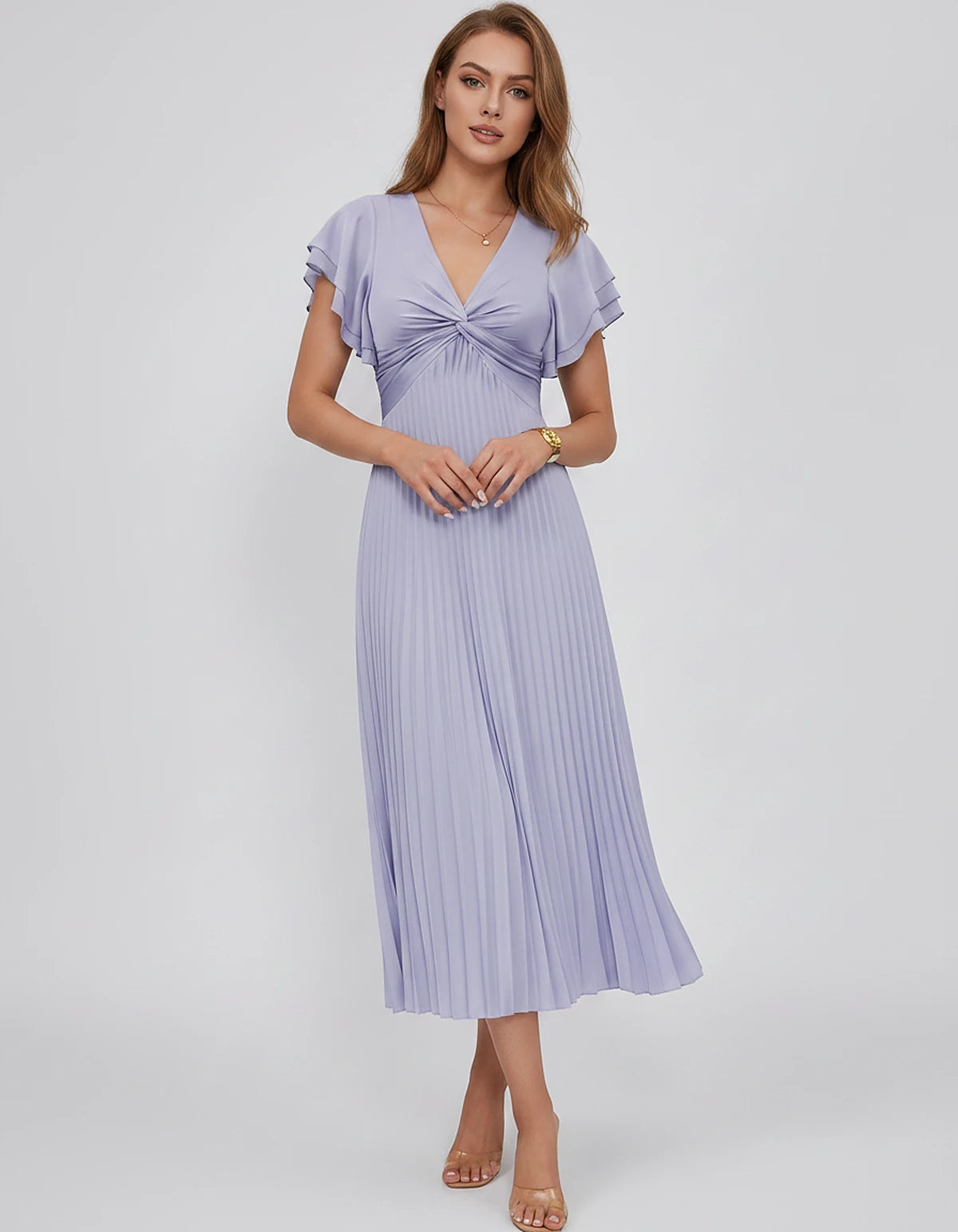 Chiffon Blend Flutter Sleeve V-Neck A-Line Midi Dress for Party, Cocktail, Evening Events, Wedding Guest & Summer Occasions, 