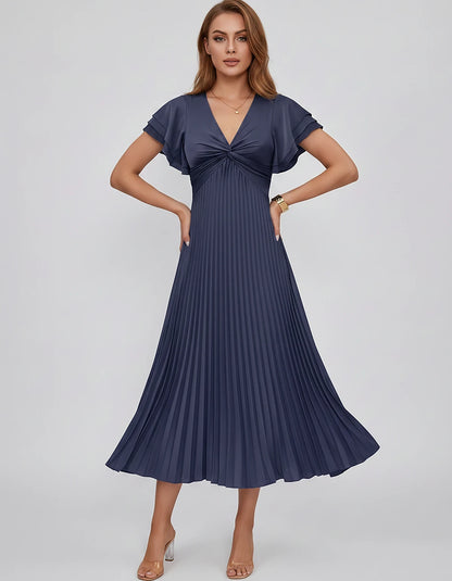 Chiffon Blend Flutter Sleeve V-Neck A-Line Midi Dress for Party, Cocktail, Evening Events, Wedding Guest & Summer Occasions, 