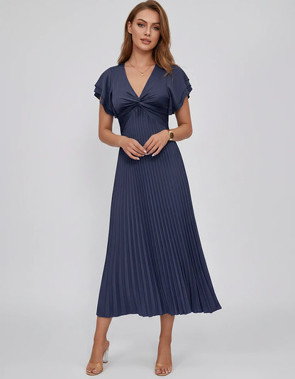 Chiffon Blend Flutter Sleeve V-Neck A-Line Midi Dress for Party, Cocktail, Evening Events, Wedding Guest & Summer Occasions, 