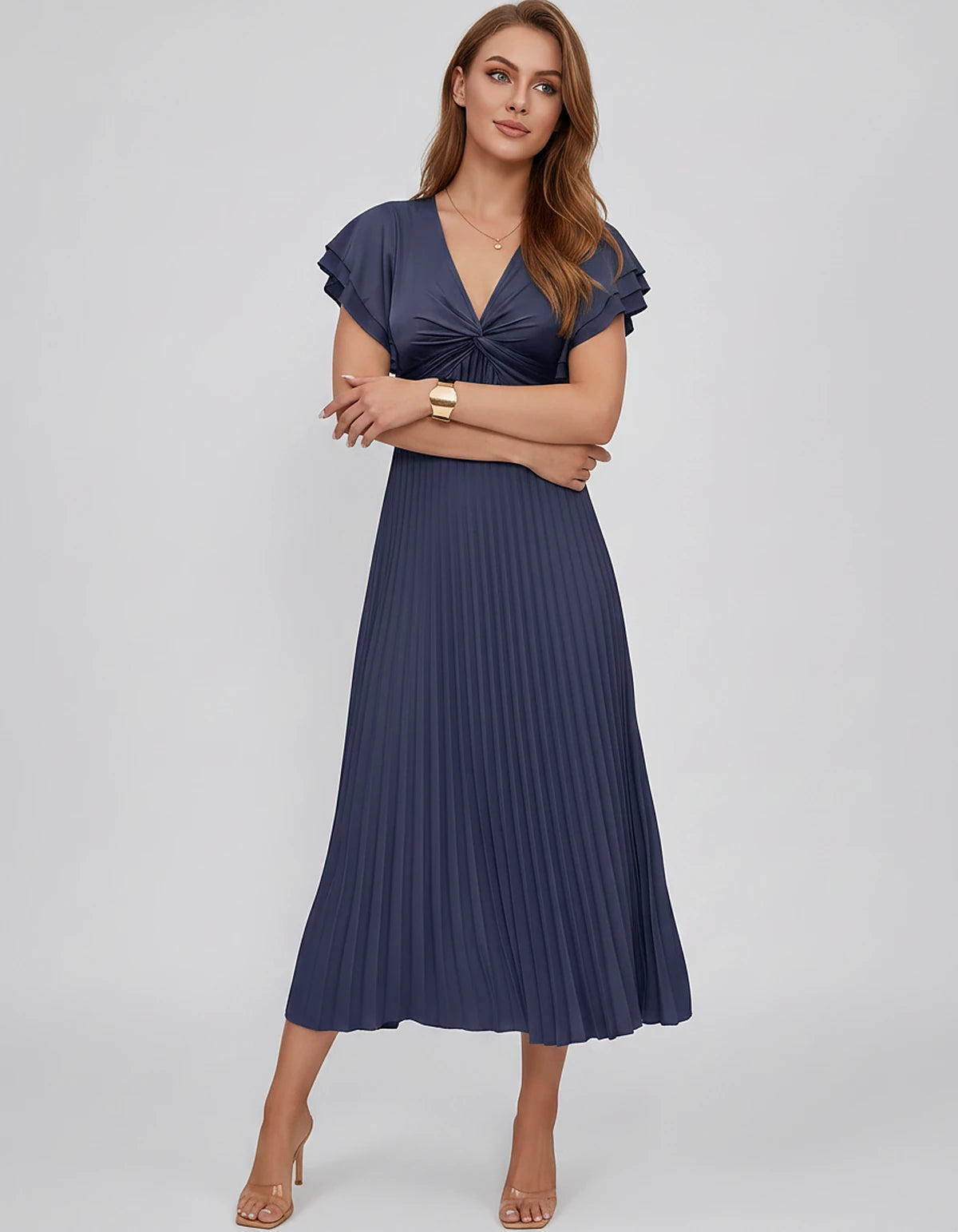 Chiffon Blend Flutter Sleeve V-Neck A-Line Midi Dress for Party, Cocktail, Evening Events, Wedding Guest & Summer Occasions, 