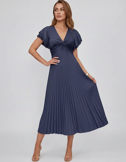 Chiffon Blend Flutter Sleeve V-Neck A-Line Midi Dress for Party, Cocktail, Evening Events, Wedding Guest & Summer Occasions, 