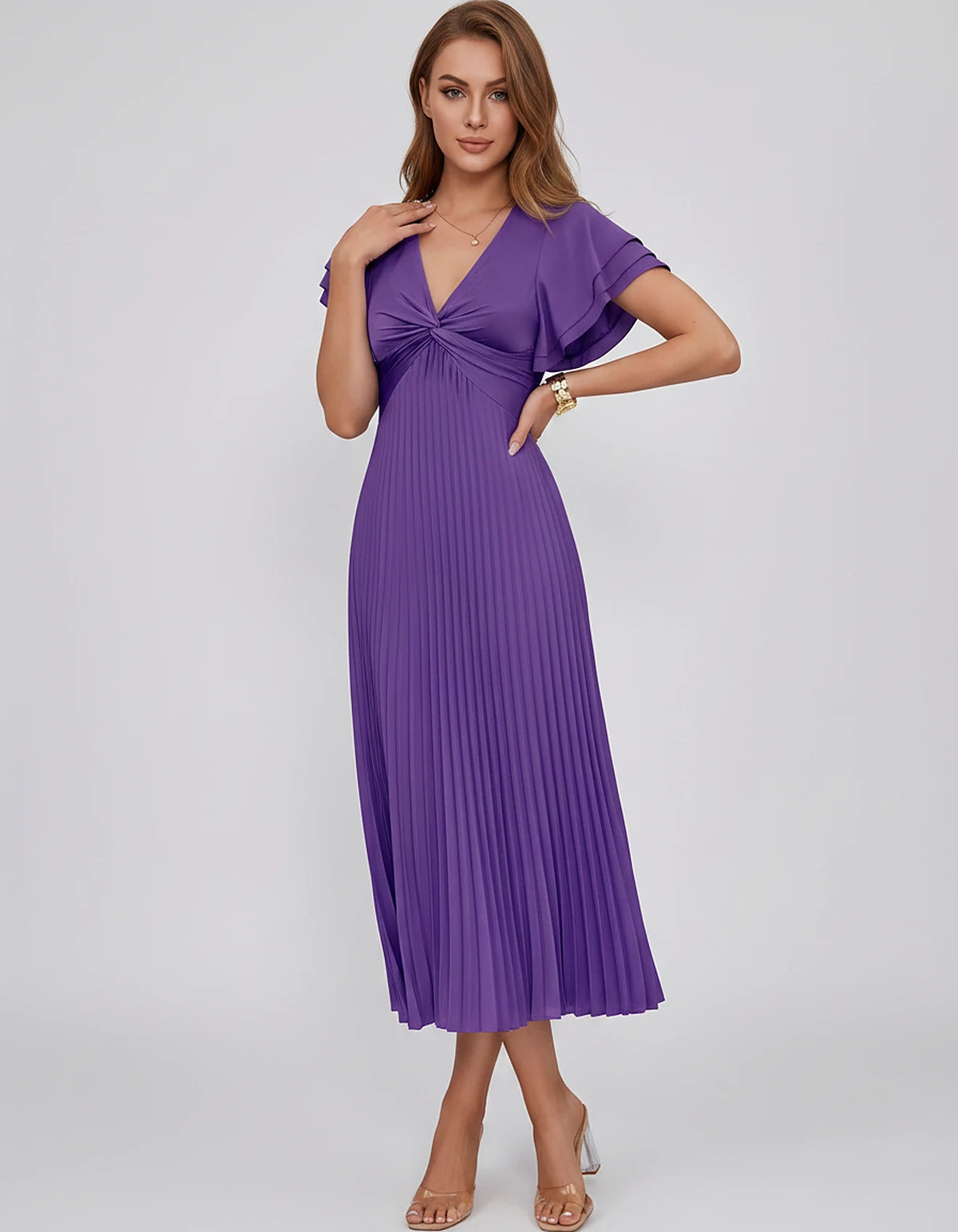 Chiffon Blend Flutter Sleeve V-Neck A-Line Midi Dress for Party, Cocktail, Evening Events, Wedding Guest & Summer Occasions, 