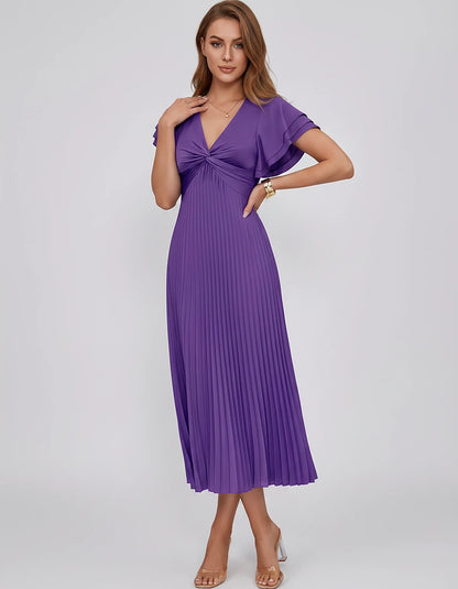 Chiffon Blend Flutter Sleeve V-Neck A-Line Midi Dress for Party, Cocktail, Evening Events, Wedding Guest & Summer Occasions, 