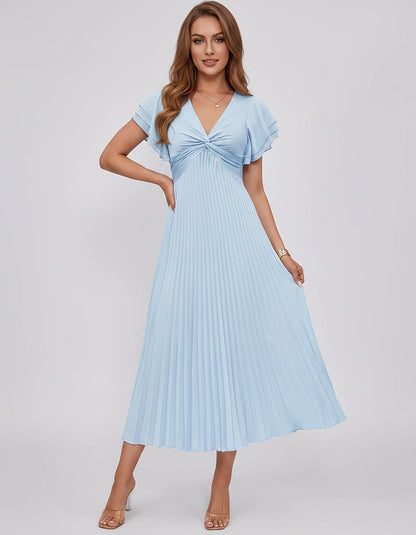 Chiffon Blend Flutter Sleeve V-Neck A-Line Midi Dress for Party, Cocktail, Evening Events, Wedding Guest & Summer Occasions, 