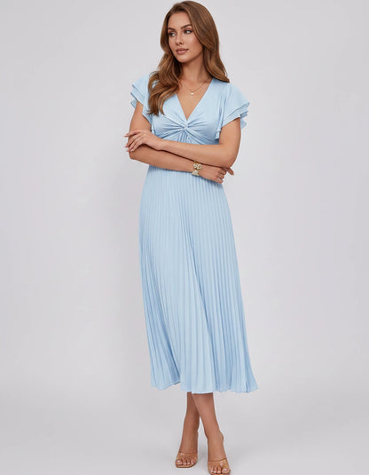 Chiffon Blend Flutter Sleeve V-Neck A-Line Midi Dress for Party, Cocktail, Evening Events, Wedding Guest & Summer Occasions, 