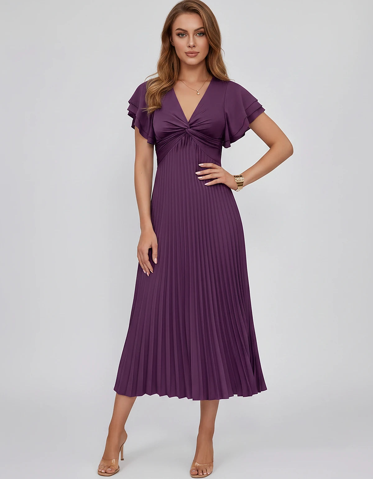Chiffon Blend Flutter Sleeve V-Neck A-Line Midi Dress for Party, Cocktail, Evening Events, Wedding Guest & Summer Occasions, 